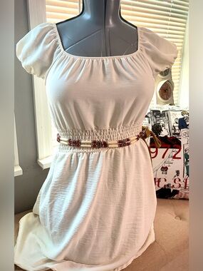 Discreet White Dress With Added Y2K Beaded Waist Accent Belt
